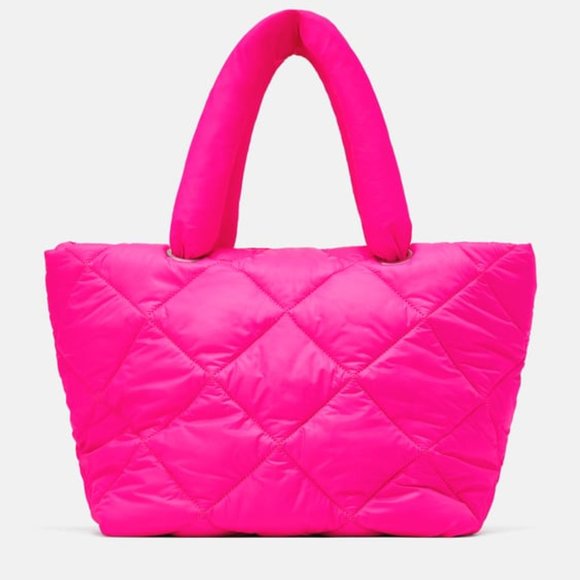 Zara Fuchsia Hot Pink Neon Quilted Shopper Tote NWT - Picture 3 of 11